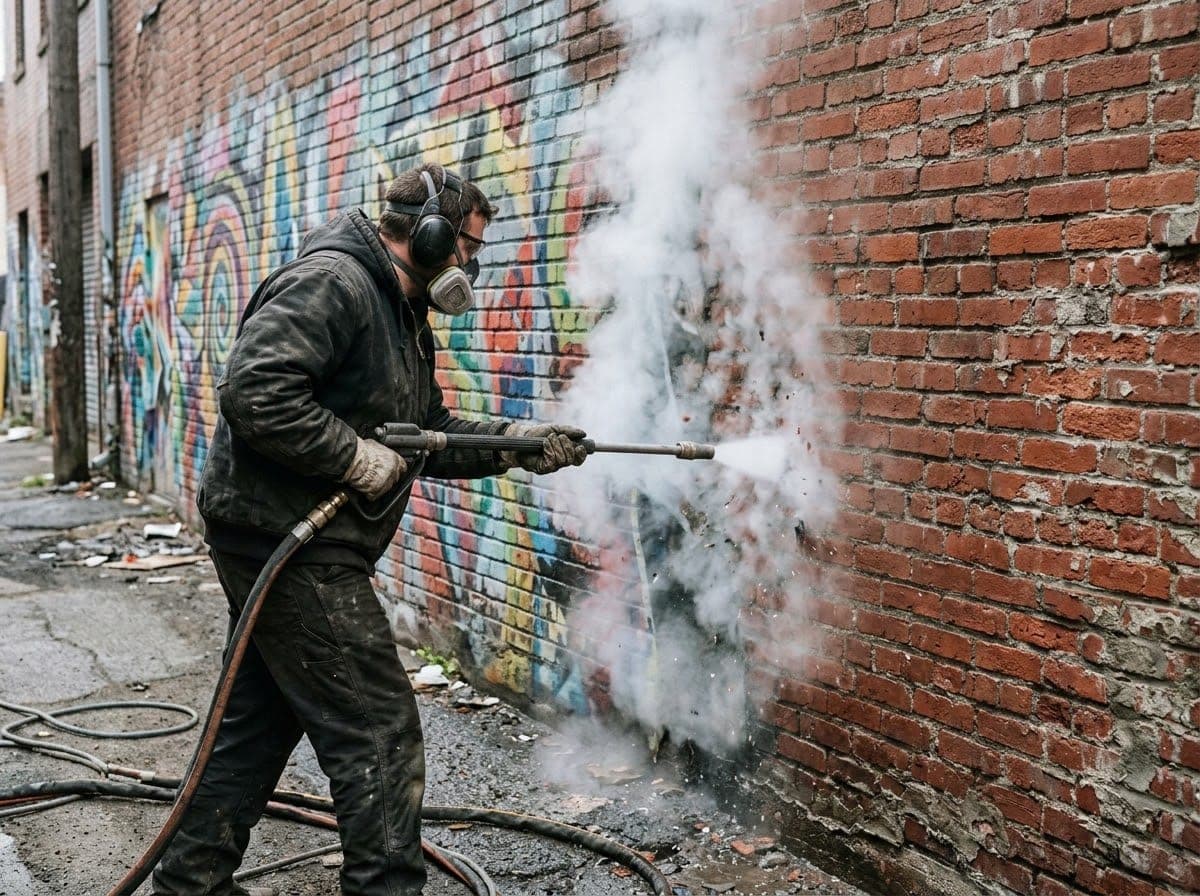 Technician dry ice blasting spray paint off a brick wall, half of the wall already clean